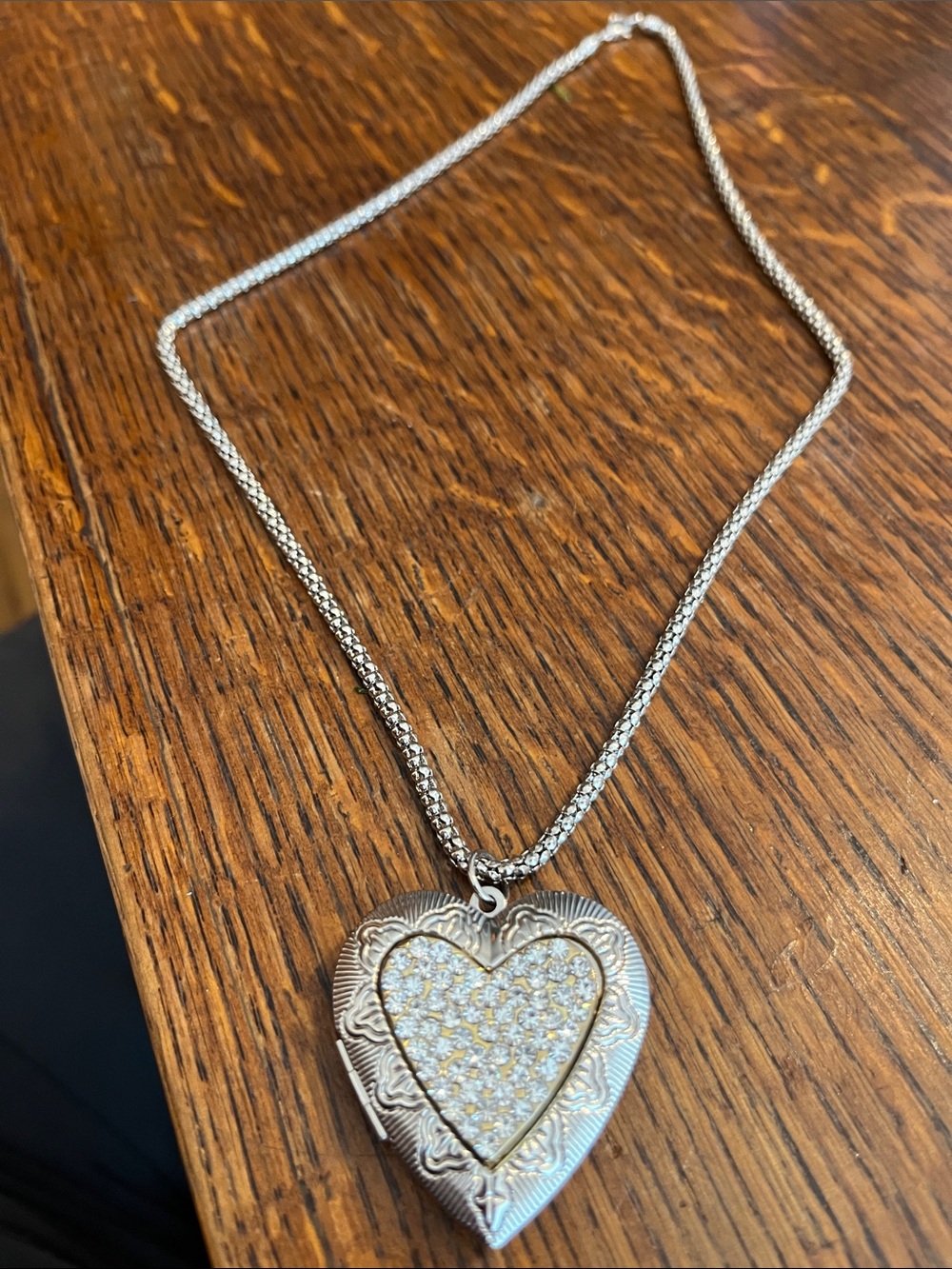 Silver Heart Locket Necklace with Crystals - Women's Jewelry